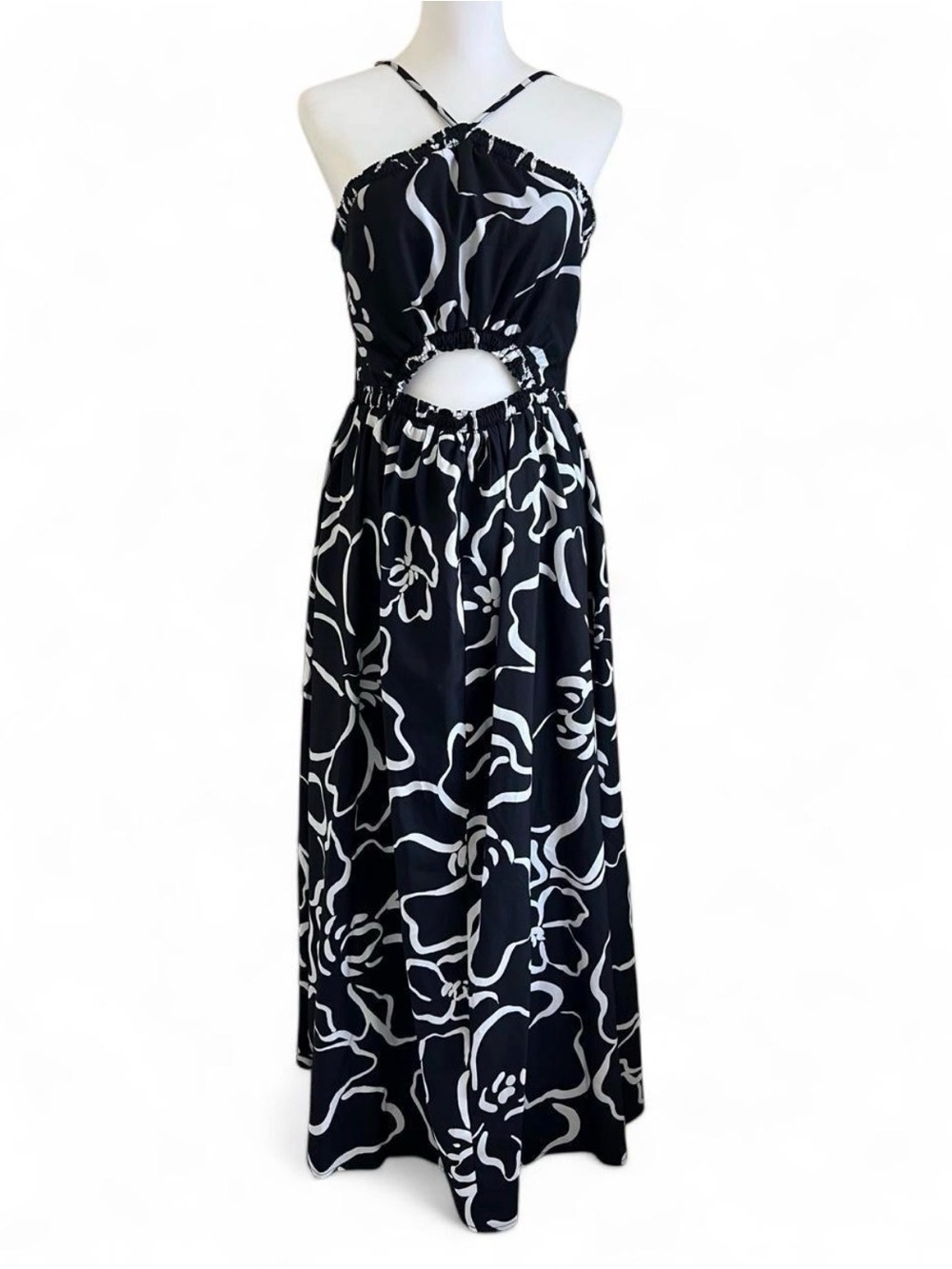 Runaway The Label Black & White Floral Cutout Halter Maxi Dress - Size L / US 8